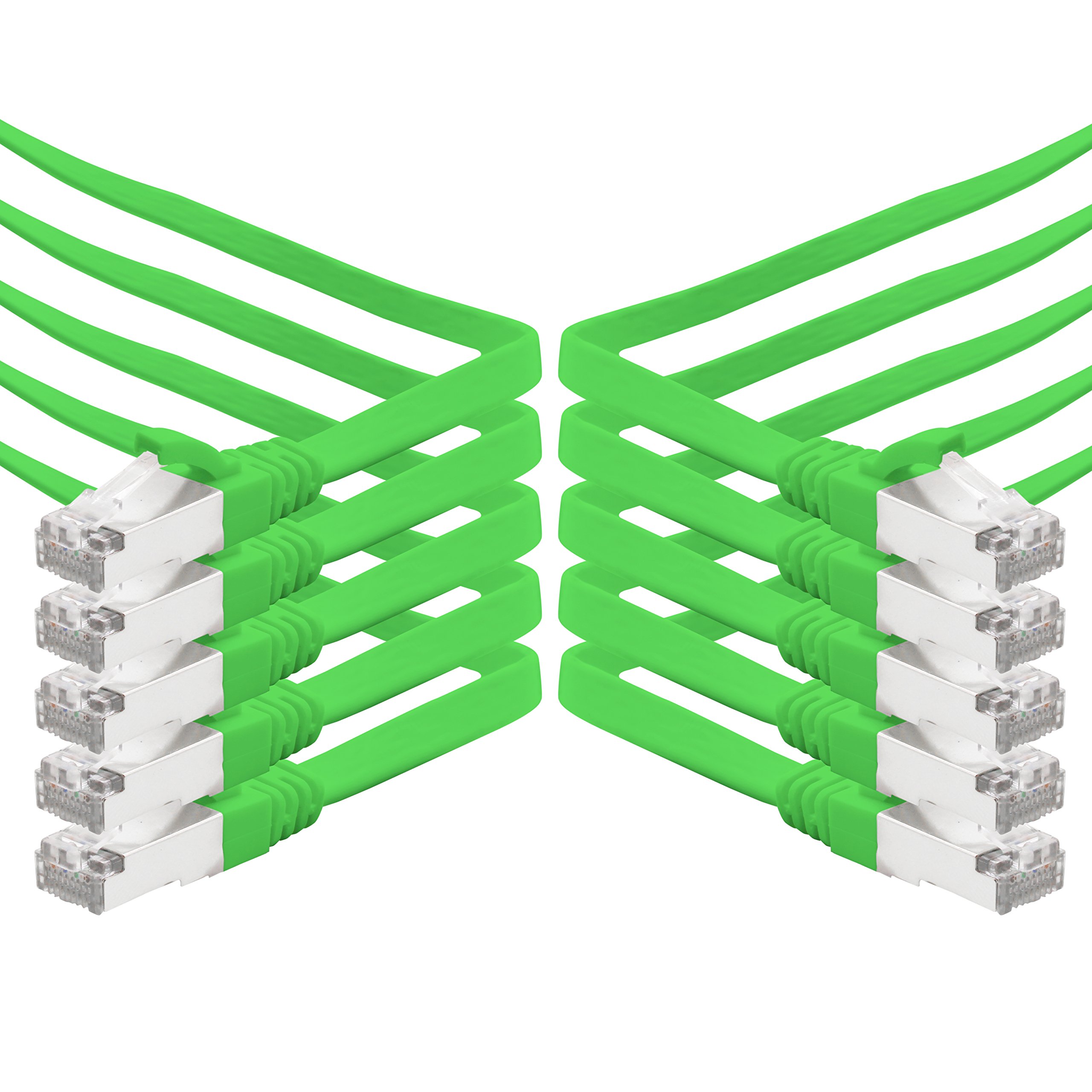 1aTTack.de 7.5m - green - 10 pieces CAT.7 Gigabit Ethernet LAN ribbon ribbon cable (RJ45) network cable raw cable (10Gbit/s) installation cable flat slim compatible with Cat.5 - Cat.5e - Cat.6