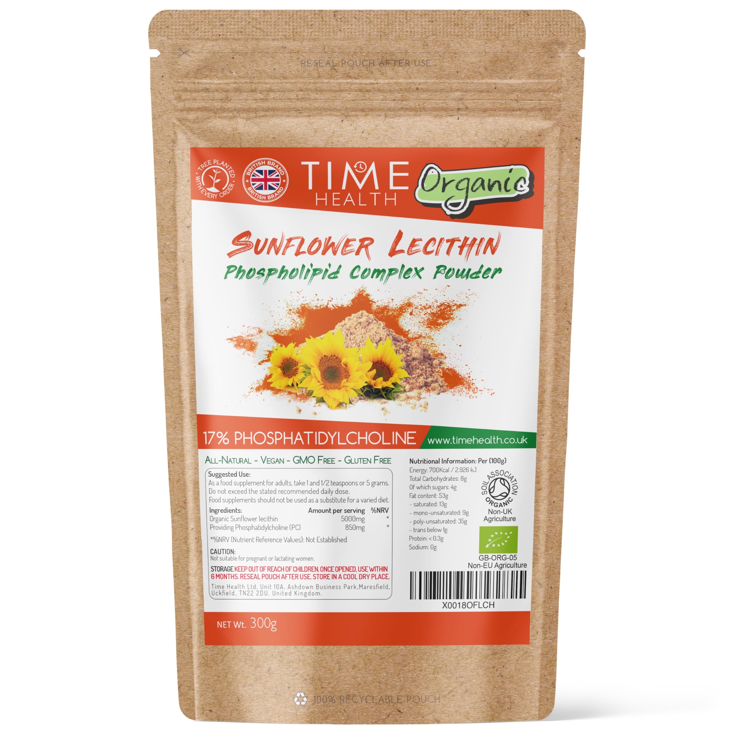 Organic Sunflower Lecithin Powder - 17% Phosphatidylcholine - Vegan - GMP Standard (300g Powder Pouch)