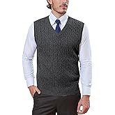 Kallspin Men’s Wool Blended Cable Knit Sweater Vest V Neck Relaxed Fit Sleeveless Pullovers