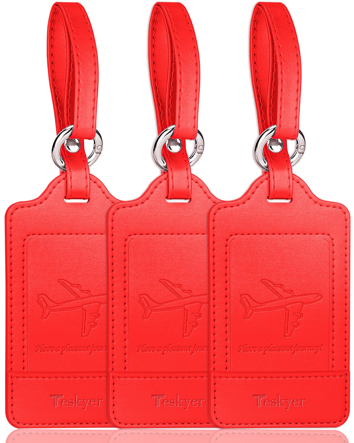 Teskyer Pack of 3 Luggage Tags, PU Leather Luggage Tags for Suitcases, Luggage Labels with Name ID Card, Noticeable, Durable, Travel Accessories, Red