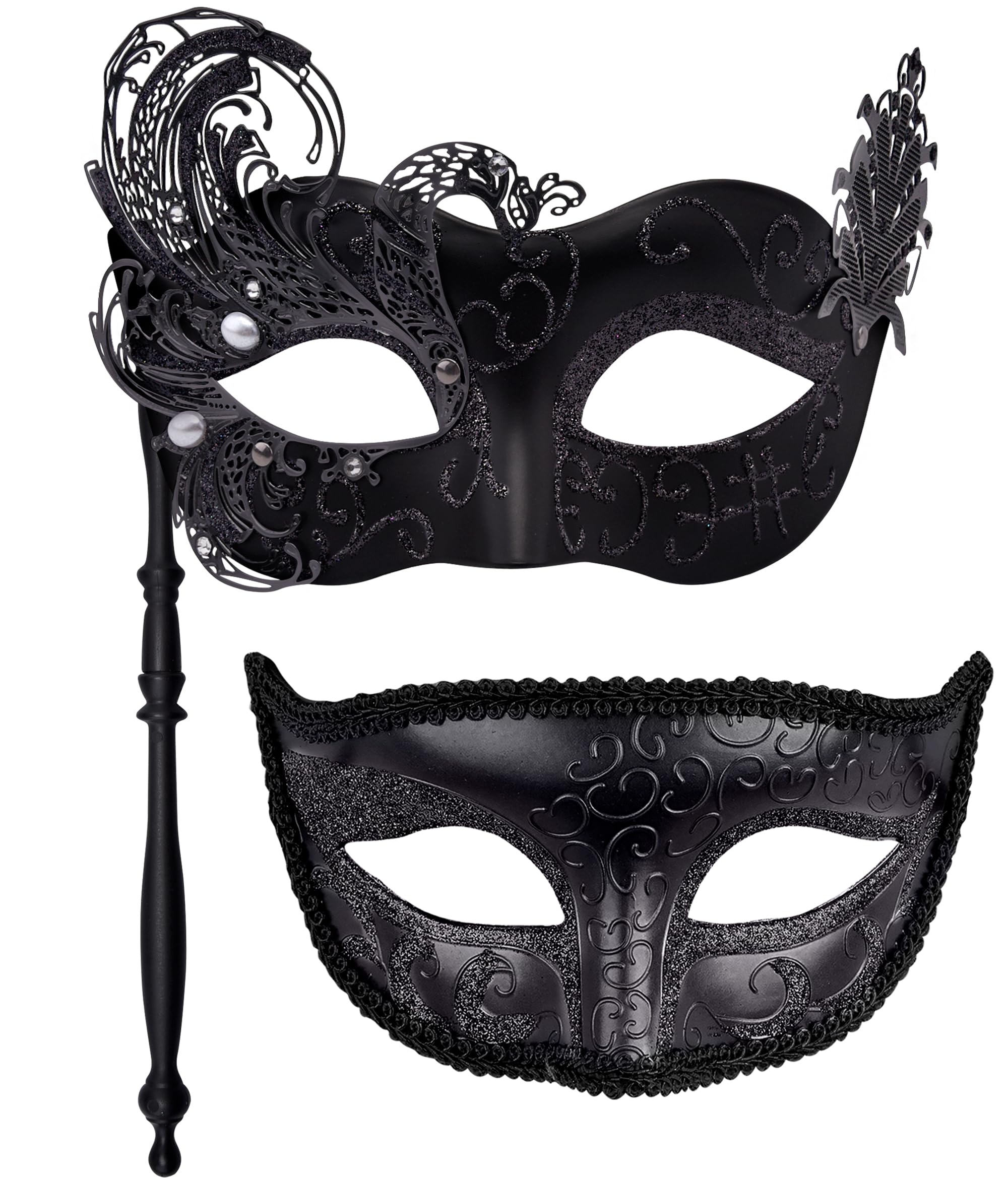 SIQUK Couple Masquerade Masks with Holding Stick Venetian Party Mask Halloween Costume Carnival Mask for Couples Women and Men, Swan Black