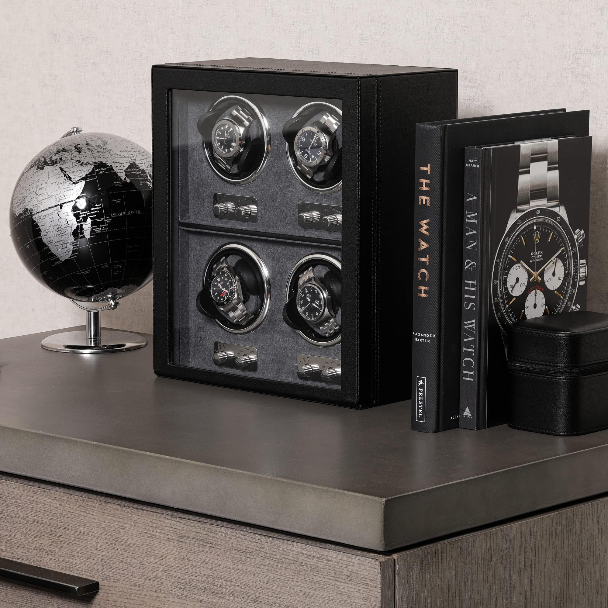 ROTHWELL 4 Watch Winder for Automatic Watches with Quiet Motor with Multiple Speeds and Rotation Settings (Black/Grey)