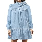 EZAPINE Women's Puff Long Sleeve Denim Dress Ruffle Mock Neck Tiered Mini Babydoll Dress Casual Flowy Swing Jean Dresses