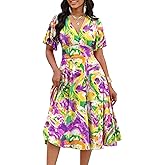 FANDEE Women's Casual Midi Dress Short Sleeve Ruffle V Neck Colorful Cocktail A-Line Flowy Loose Vacation Dresses