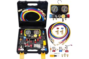 DIKTALK Automotive AC Gauges Set with Hoses,4 Way HVAC Manifold Gauge Set Compatible with R134A R410A R22 R32 Refrigerant Gauges,for Car Freon Charging & Evacuation