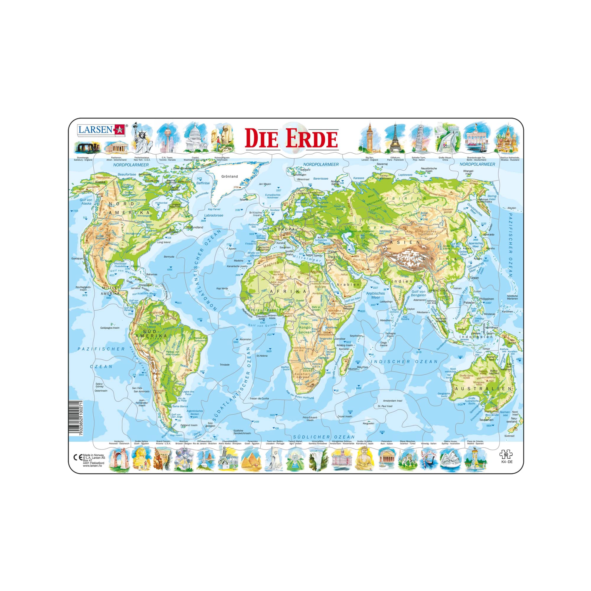 Larsen K4 The Physical World Map, German Edition, Frame Puzzle with 80 Pieces