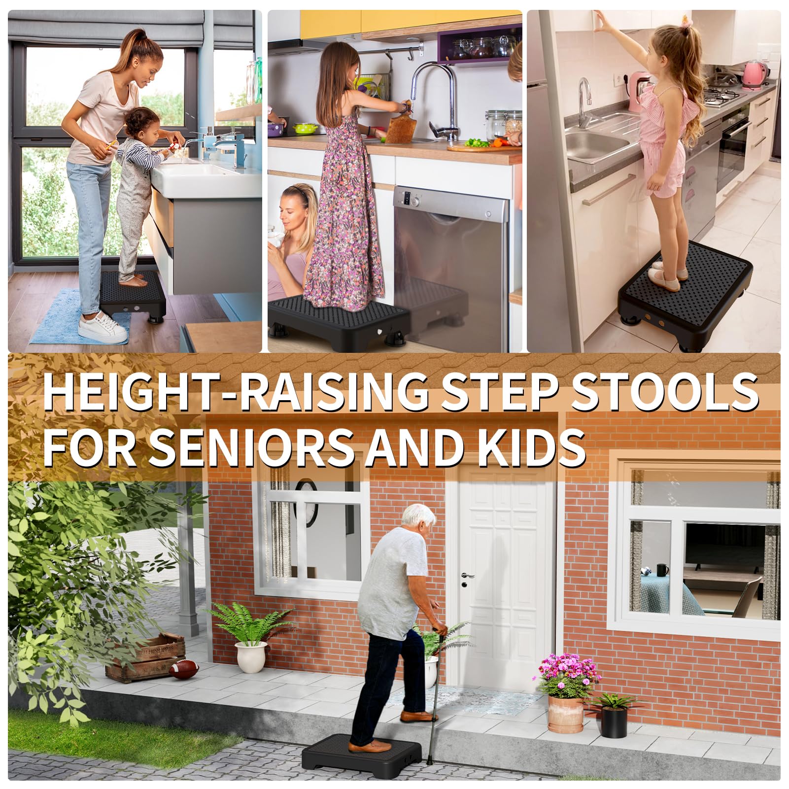 Ronlap One Step Stools for Adults, Portable Safety Step Platform for Seniors Small Plastic Bedside Step Stool Mobility Wide Step Stools Elderly Assistance for Shower Bed Car Stair Outdoor, Black-Black