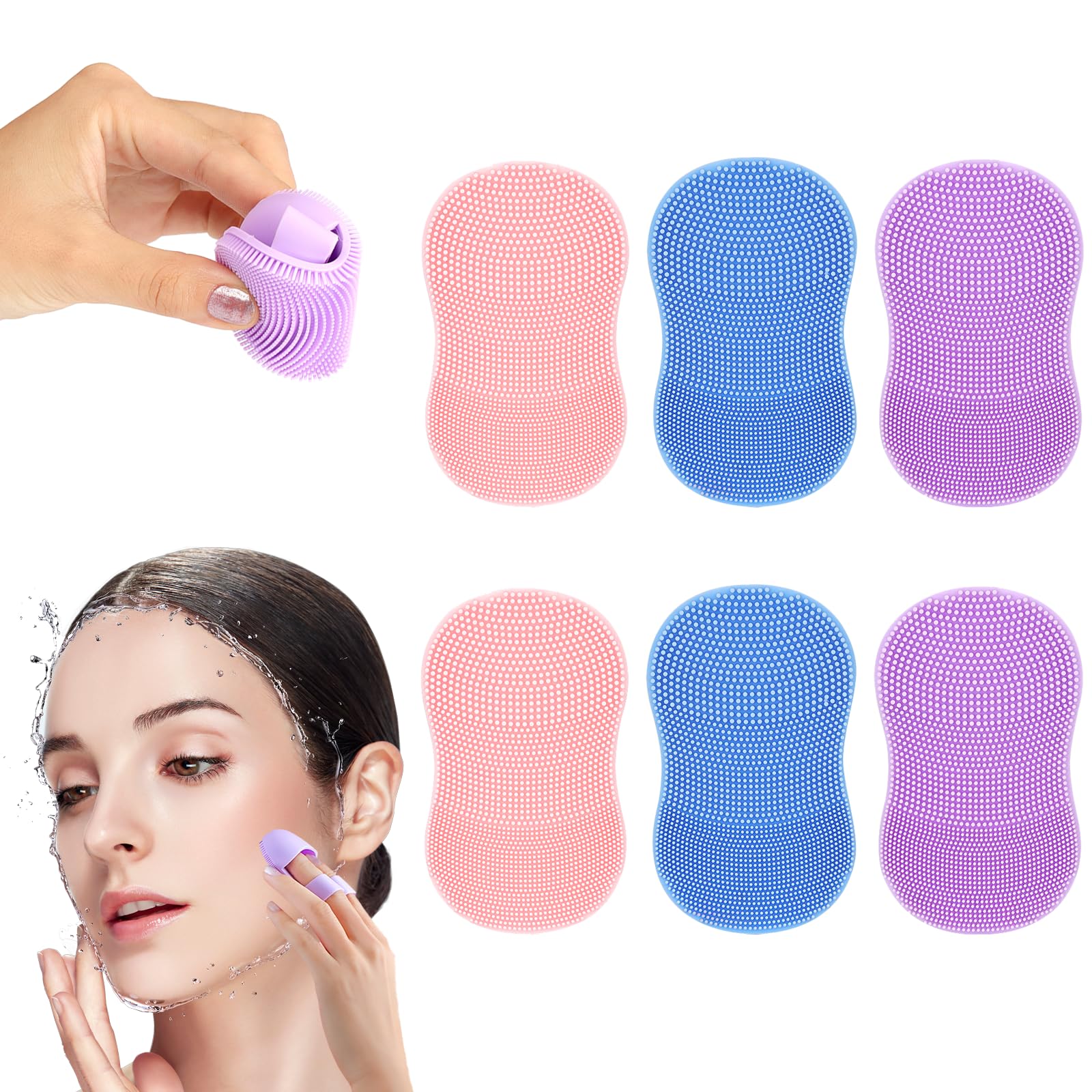 Mulomir Pack of 6 Silicone Face Washer, Manual Facial Cleanser, Face Wash Brush, Massage Brush for Exfoliation, Blackheads and Acne, Deep Cleansing Skin Care (2 Blue + 2 Pink + 2 Purple)