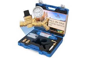 rVandtt RV Fresh Water Kit - RV Water Pressure Regulator, Inline Water Filter, Hose Splitter, Brass Elbow, Flexible Connector, Hose Quick Connects, Leak Repair Kit, and Carrying Case