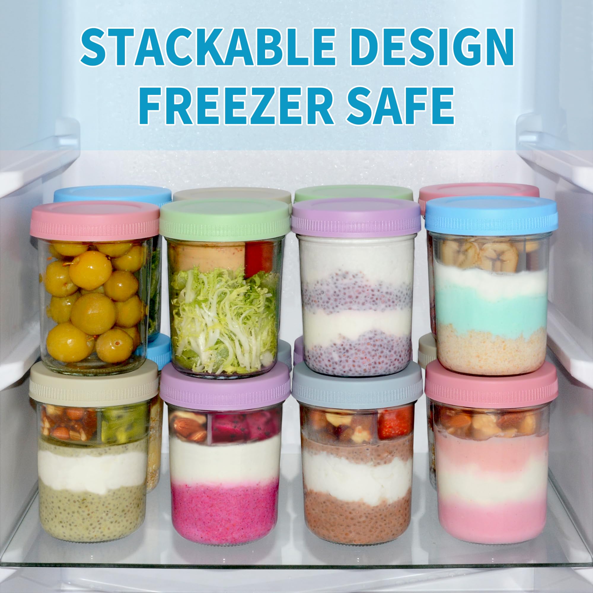 Xyptorix 16 oz Overnight Oats Containers with Airtight Lids - 4-Pack Leak-Proof Wide Mouth Mason Jars & Divided Cups for Dried and Wet Foods, Glass Jars for Chia Pudding, Salad, Snacks, and Yogurt