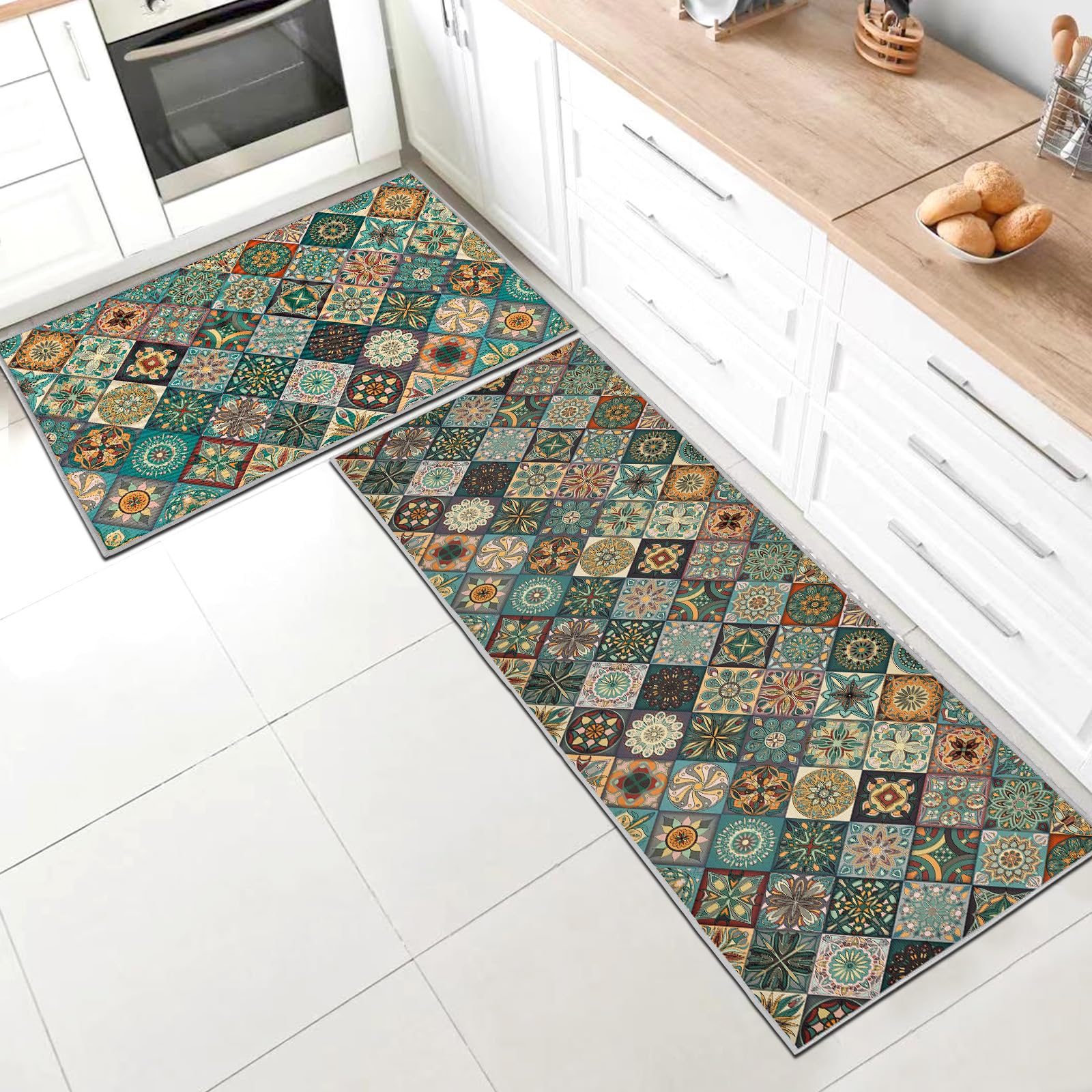 SHUAIG Kitchen Rug Set 2 Piece Non Slip Washable,Kitchen Mat Anti Fatigue Set,kitchen carpets with anti-slip stickers for Home Decoration(Style R, 40x60 + 40x120 cm) — image 1