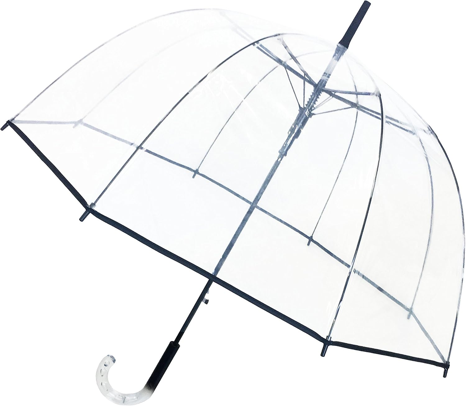 SMATI Lady’s Clear Big Birdcage Umbrella in Black Border, Transparent, Windproof, Auto Open, Crystal Style Handle