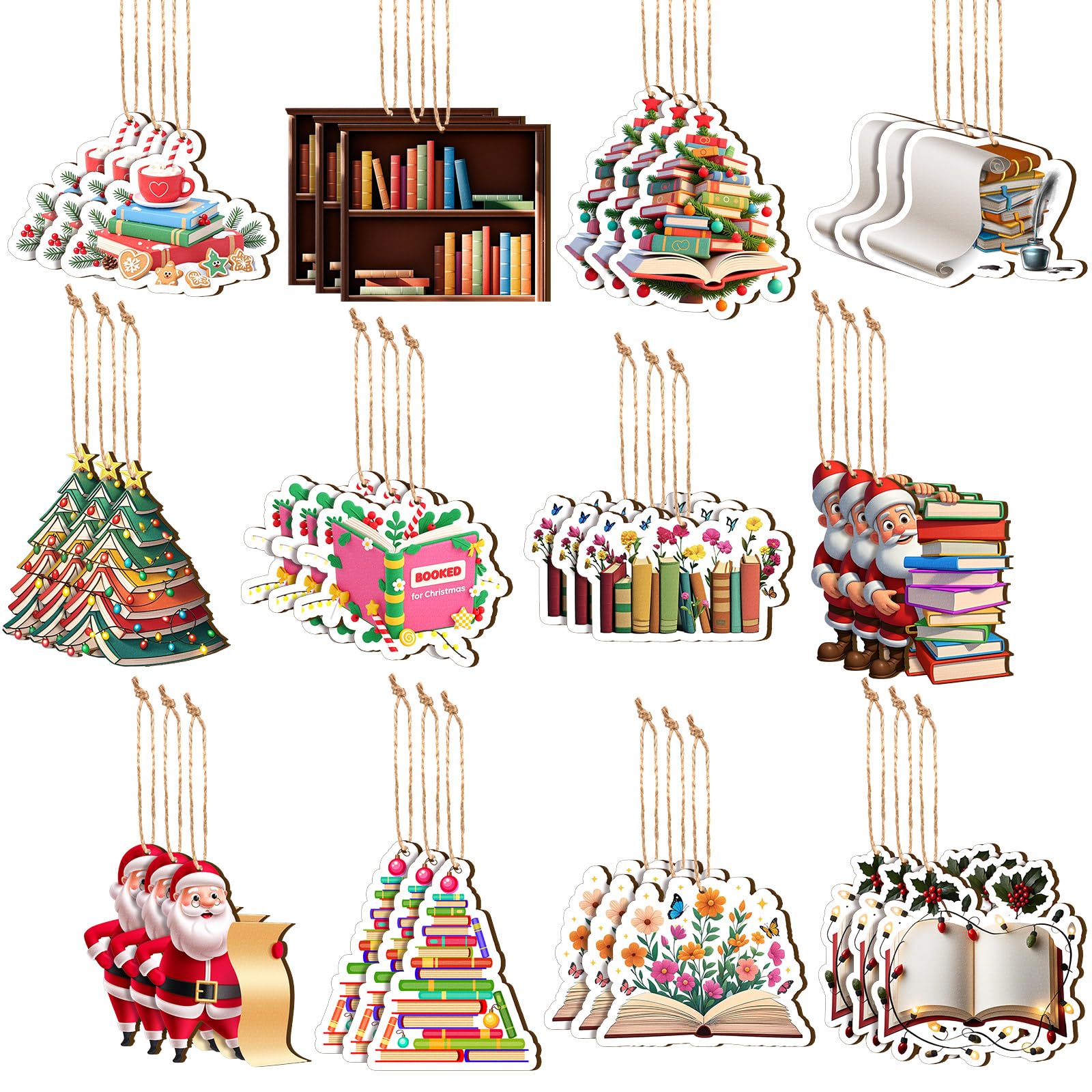 Photo 1 of **MISSING PIECES** 36 Pack Book Lovers Christmas Tree Ornaments Gifts Book Ornaments Christmas Bookshelf Decoration Wooden Xmas Decorations for Bookworms Readers Librarians Woman Man