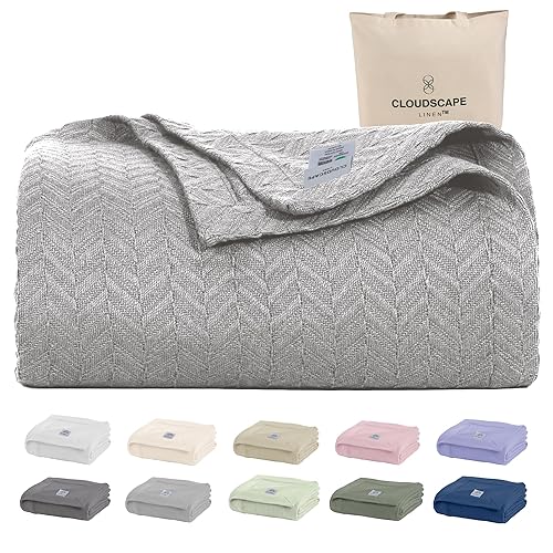 Cloud Scape Linen 100% Cotton Blanket King Size for Bed – Lightweight Summer Blanket, Herringbone Weave,fits California King Size Bed, 92x108,Light Grey