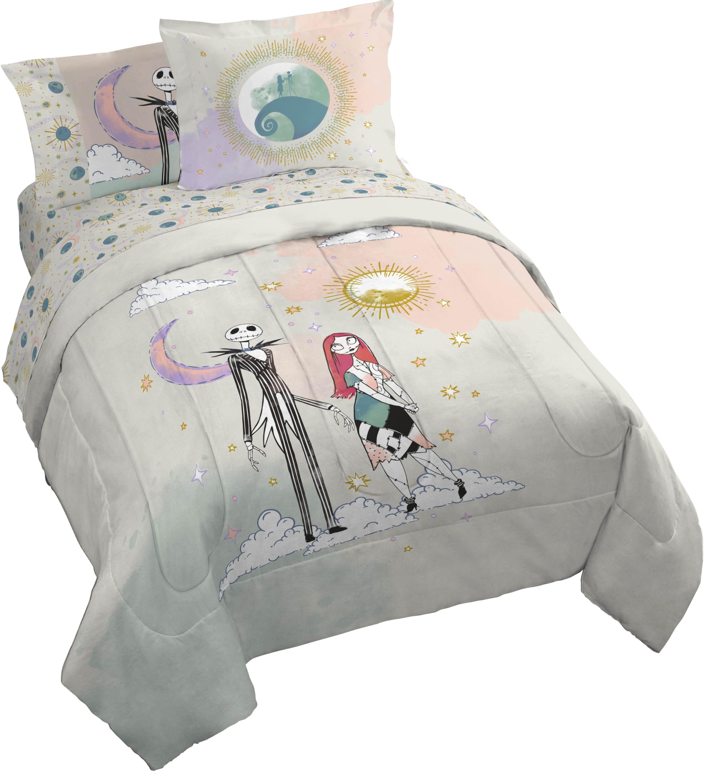 Disney Nightmare Before Christmas Queen Size Comforter Set - 7 Piece Jack and Sally Bedding Includes Sheet Set & Pillow Covers - Super Soft Ombre Bedding Image