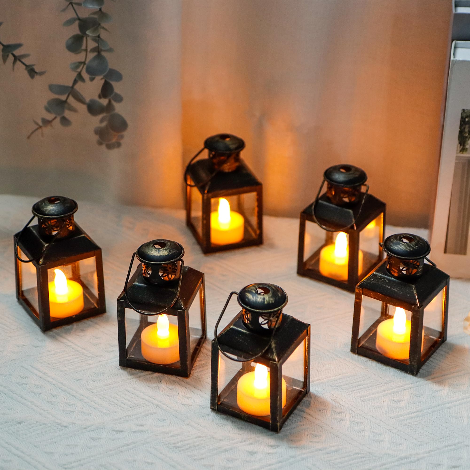 Photo 1 of TRIROCKS 6 Pcs Small Metal Candle Lanterns Vintage Hanging House Tealight Lantern Decorative Candle Tea Light Holders for Table Valentine Patio Indoor Outdoor Gifts(Black with Gold Brush)