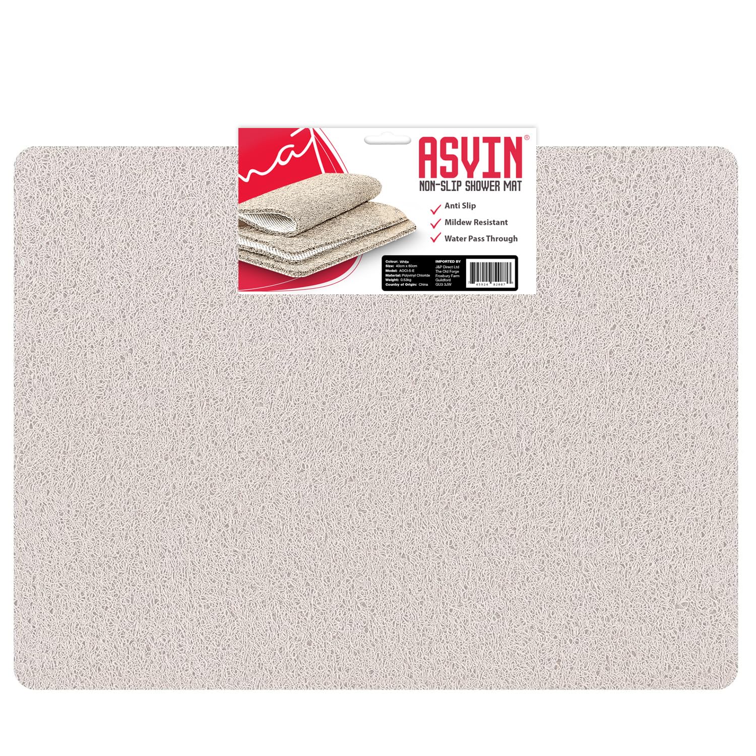 Asvin Large Anti Slip Bath & Shower Mat for Inside Shower & Wet Areas (60x80cm White) Quick Drying — image 1
