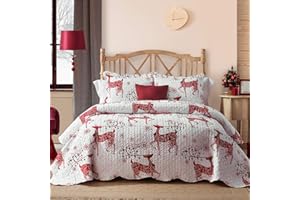 Hansleep Christmas Bedspread with Reindeer Printed Pattern, 3 Piece Reversible Quilt Bedding Set, Lightweight All Season Bedspread and Decor Coverlet