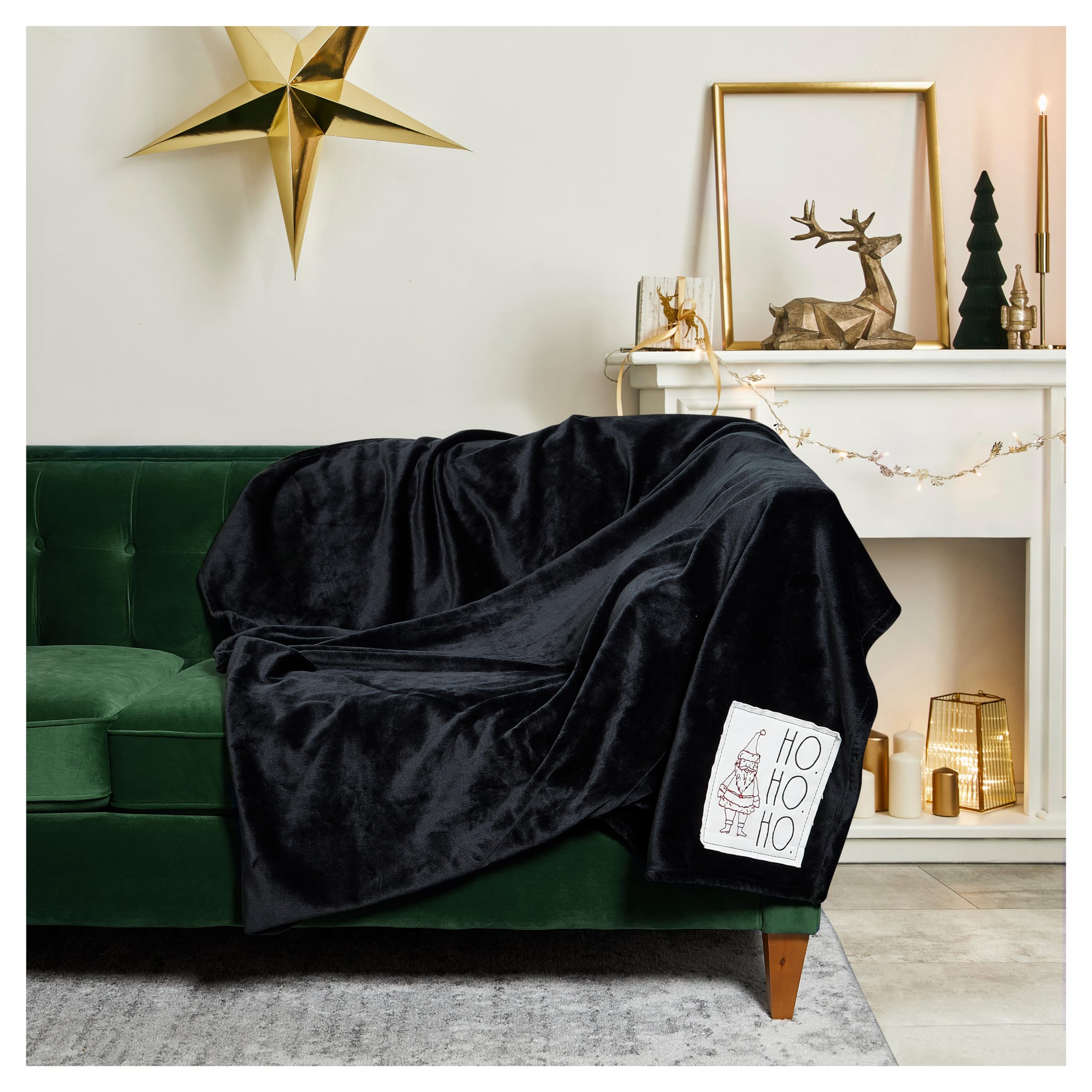 Rae Dunn Throw Blanket- Soft, Decorative Blankets for Bed or Couch, Cozy Throws for Sofa, Soft Plush Throw Embroidered HO. HO. HO., 50 inches x 70 inches Image