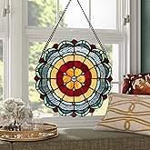 YOURANJU Handcrafted Stained Glass Window Panel - 12-Inch Round Floral Design with Vibrant Colors, Elegant Decorative Hanging Art for Home Décor, Includes 20-Inch Chain & Hook (Sunflower)