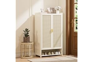 Shoe Cabinet with Doors, 7-Tier Bamboo Shoe Storage Cabinet for Entryway, 42" Tall Freestanding Rattan Shoe Cabinet, Modern F