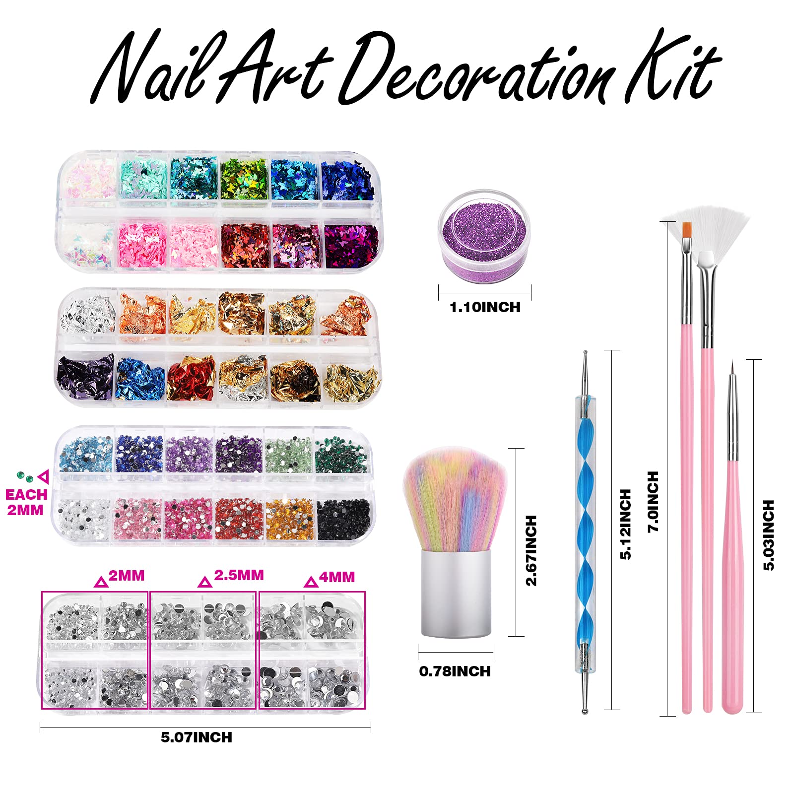 FANDAMEI Nail Art Kit - Design Tools with Brushes, Dotting Tools, Glitter, Sequins, Foil Flakes, Rhinestones, Dust Brush - Image 2