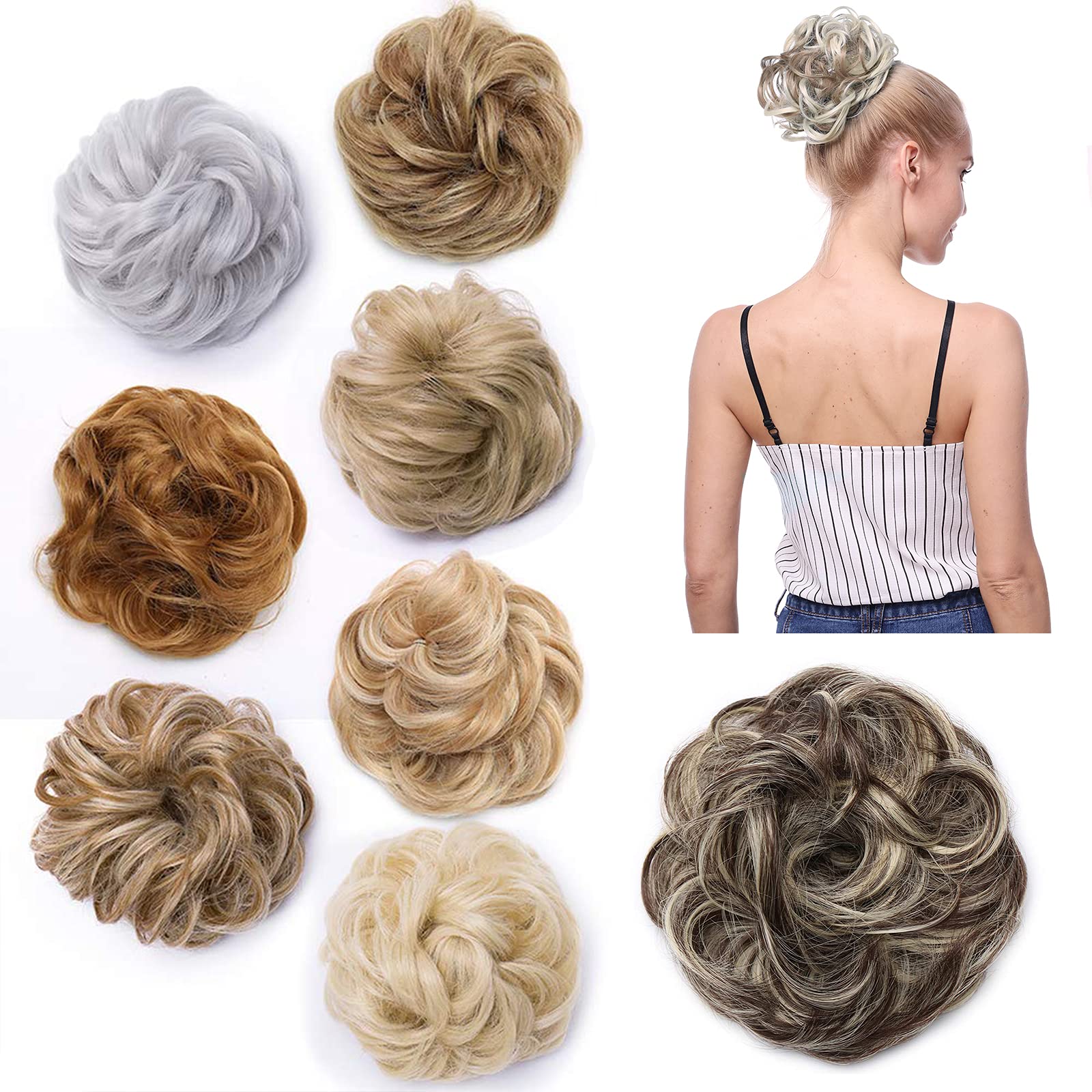 Silk-co Updo Messy Hair Bun Scrunchy Scrunchie Bun Donut Hair Updo Hairpiece Ribbon Ponytail Extensions -Medium Brown mix Bleach Blond[35g]