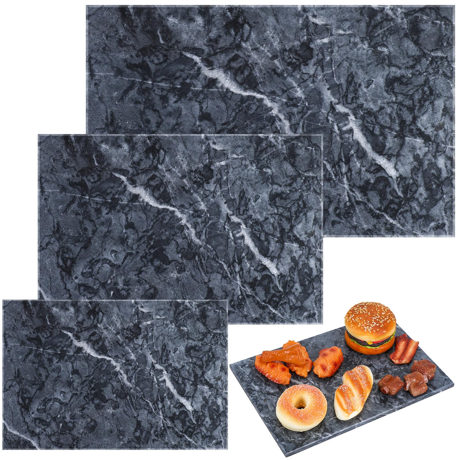 Photo 1 of Hushee Marble Board for Kitchen Marble Serving Tray 3 pcs Different Sizes 9 x 6'' 12 x 8'' 16 x 10'' and Non Slip Feet Pastry Cheese Tray Cutting Board for Pizza Bread Cake Baking Display (Black)