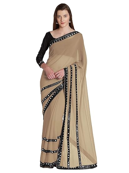 Womens Chiffon Mirror Lace Work Saree (9242_Beige)