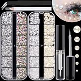 Flat Back Rhinestones&amp;Pearls Kits Round Glass Crystal AB&amp;Transparent White Gems+White&amp;Beige Pearls with Quick Dry Makeup Glue+Picker Pencil+Tweezer for Nail Art and Face Eye Body Make-up