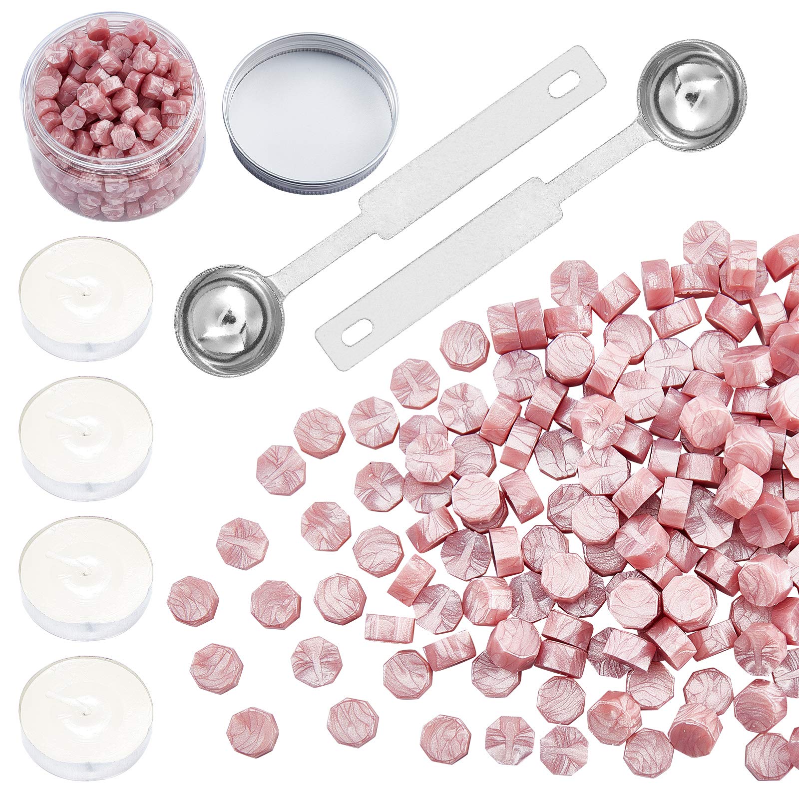 CRASPIRE 300 Pieces Octagon Sealing Wax Beads Sticks with 4 Pieces Tea Candles and 2 Piece Wax Melting Spoon for Wax Stamp Sealing (Pearl Pink)
