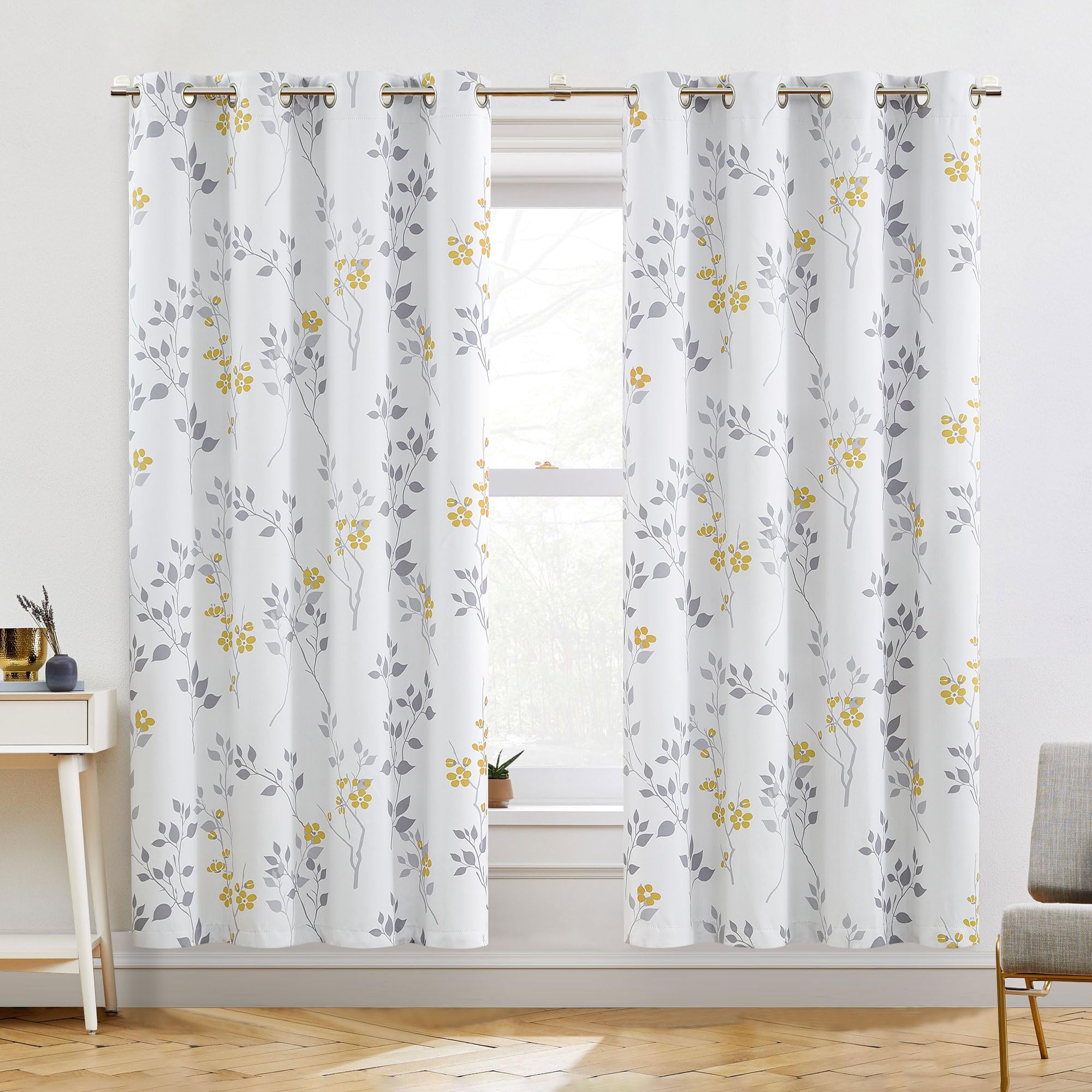 Beauoop Yellow Grey Floral Blackout Curtains for Bedroom Living Room 72 Inch Drop Leaf Print White Eyelet Curtain Botanical Thermal Insulated Noise Reducing Window Curtain Drapes 2 Panels