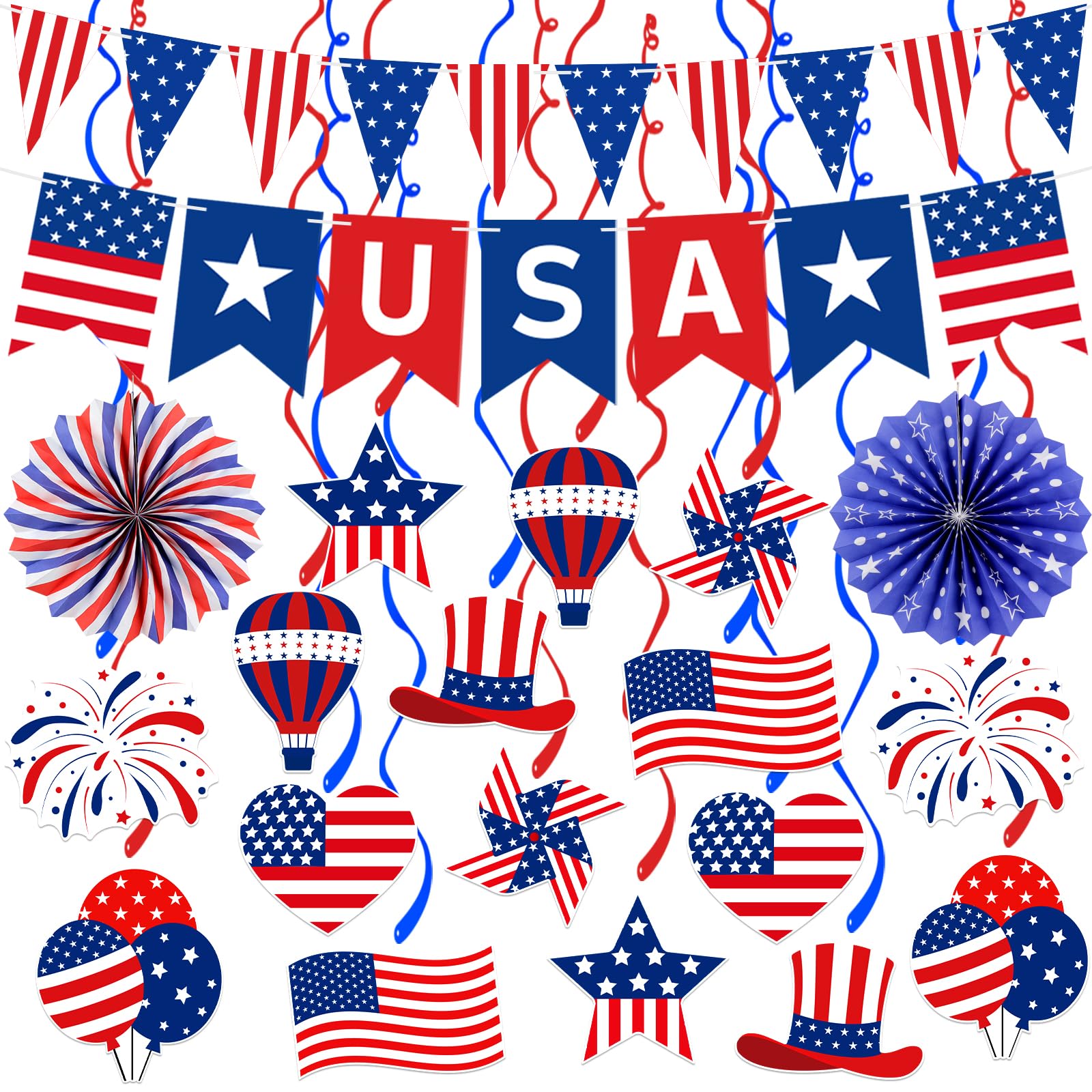 Photo 1 of 4th of July Decorations Patriotic Decorations USA Banner Paper Fans Pennant Hanging Swirl Fourth of July Independence Veterans Labor Presidents Flag Memorial Day Red White and Blue Decorations