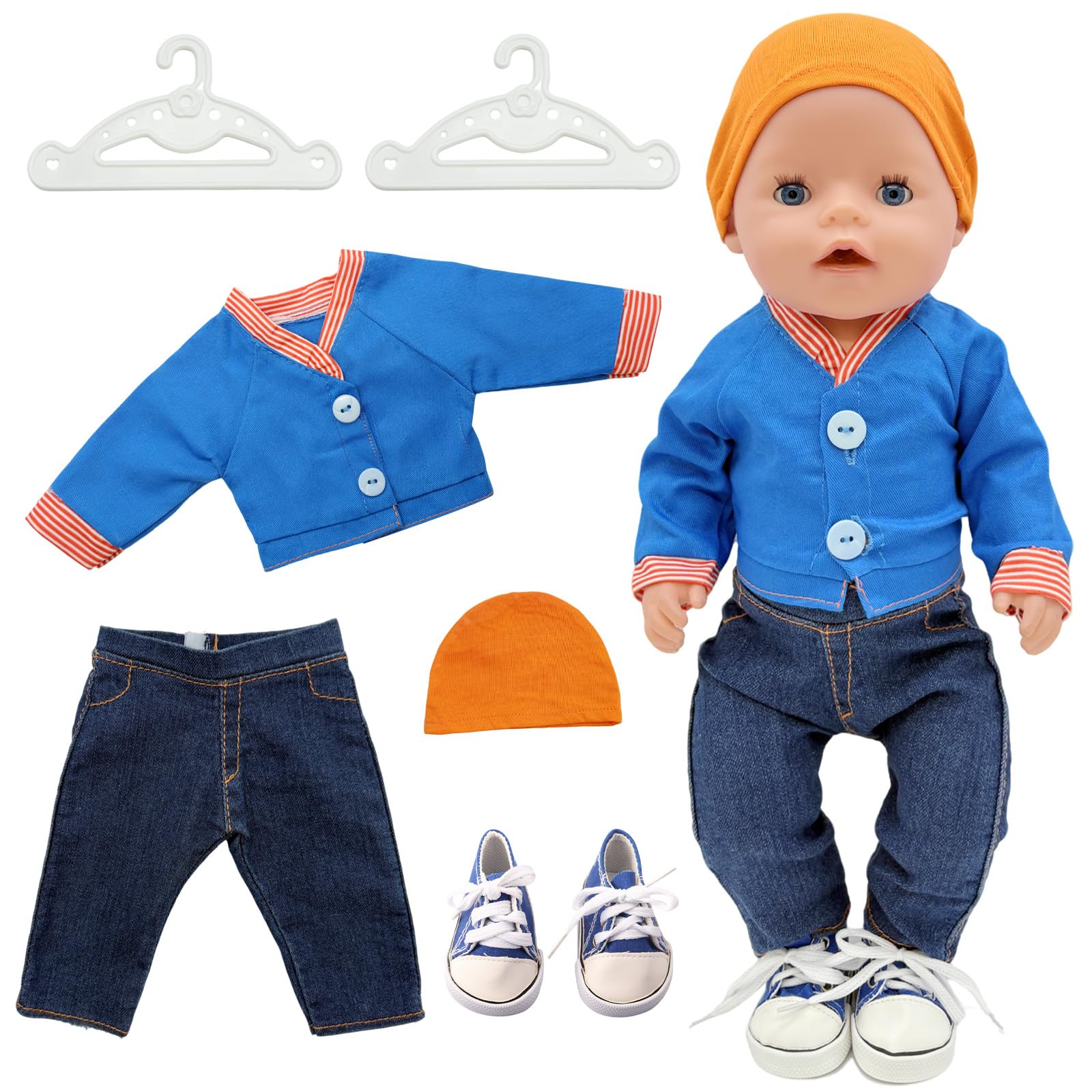 Atomvia Doll Clothes for 35-43 cm Dolls, 6-Piece Outfit Including Top +Pants +Shoes+Hats+2Clothes Hangers for 14-18 Inch Dolls (Doll Not Included)