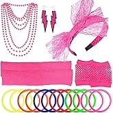 PAXCOO Women's 80s Outfit Costume Accessories Set Neon Headband Earrings Fishnet Gloves Leg Warmers Necklace Bracelet