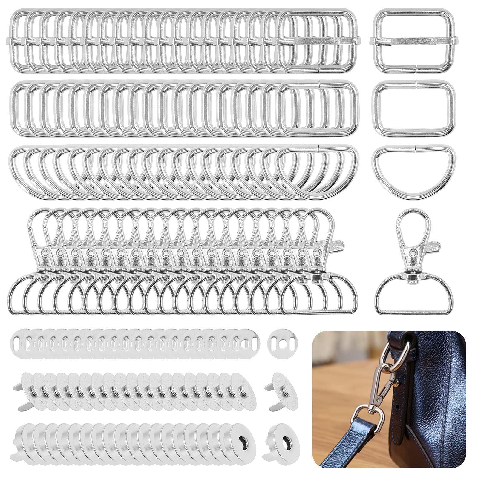 Wokape 100Pcs 4 Styles 1" Purse Hardware Buckles Set with 18mm Magnetic Snap Buttons, include D rings, Swivel Clasps, Slide buckles, Rectangle Ring Buckles (Silver)
