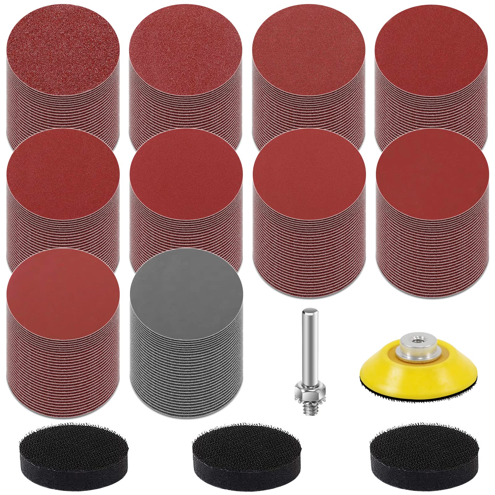 KONGMING 300 Pcs Sanding Disc 50mm 2 Inch Grit 80 120 180 240 320 400 600 1000 2000 3000 Sandpaper Pad Kit Solishing Pad Adapter