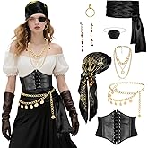 Pirate Costume Accessories Set for Women with Head Scarf Wrap Pirate Corset Eye Patch Earings Necklace Sash Chain Belt