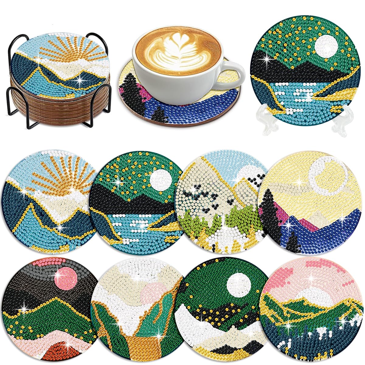 Muzagroo Art Diamond Painting Coaster Kits for Adults and Beginners - Abstract Landscape Designs, Stress-Reducing Crafts, 8-Piece Set (Landscape 2)