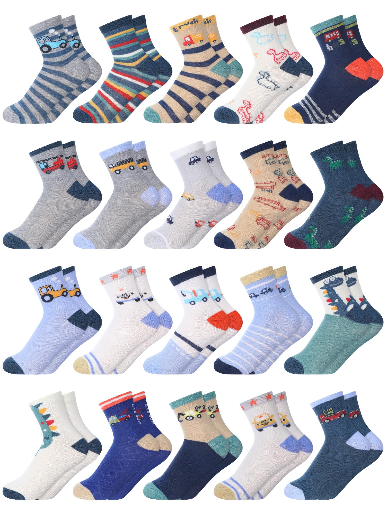 Photo 1 of Fourluoo 20 Pair Cartoon Socks for Boys Toddler Car Dinosaur Patterned Sport Round Neck Boys Dress Socks(Lovely,6-8 Year)