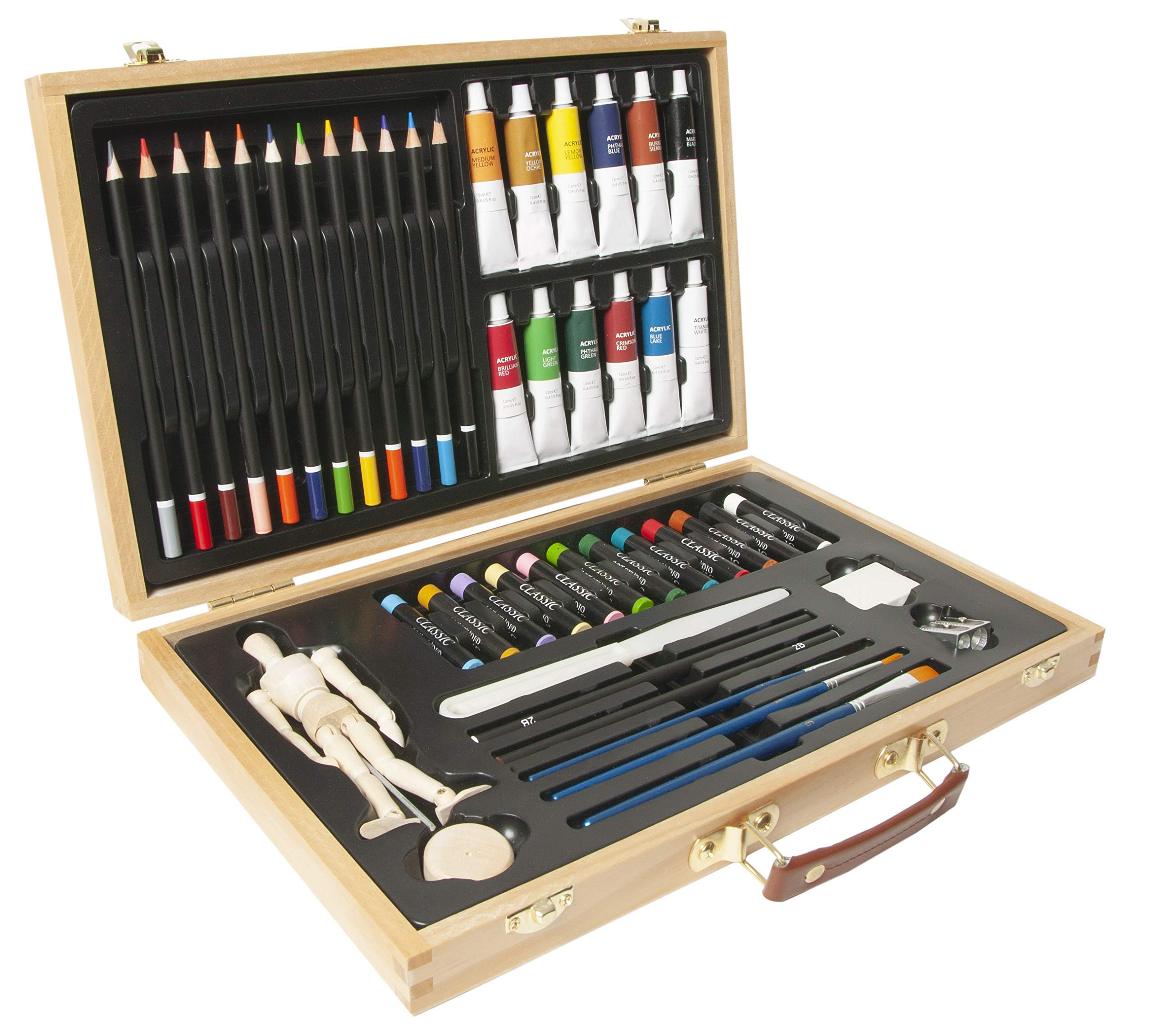 Elements 46 Pieces Mixed Media Art Set - Art Set with Wooden Storage Case Artist Set with Mannequin, Acrylic Paints, Oil Pastels, Coloured Pencils for Coloring, Drawing, Sketching, Painting