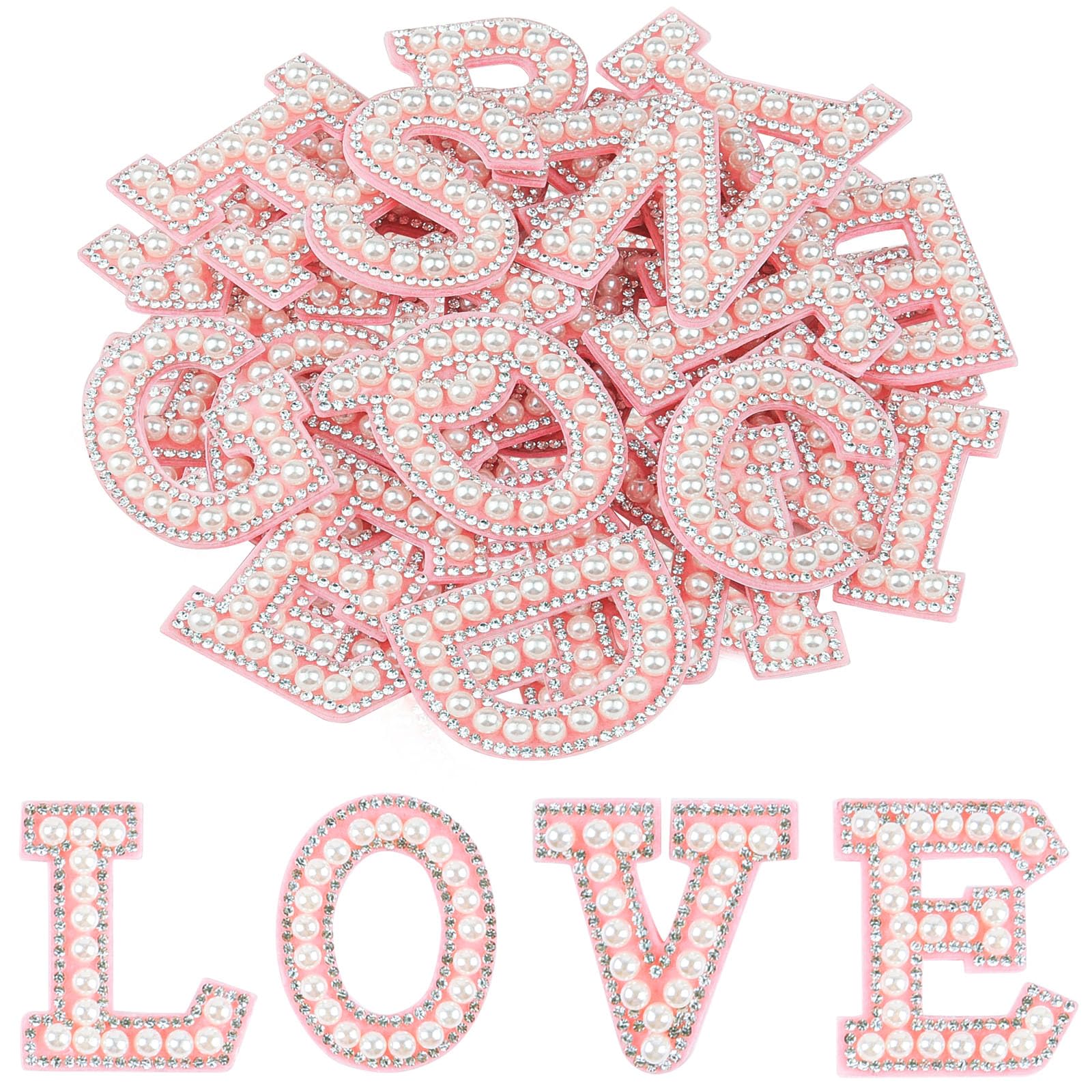 Photo 1 of Morcheiong 52Pcs Pearl Rhinestone Letter Patches Self Adhesive A-Z, Stick on Pearl Letter Patches for Clothes, Fabric, Backpack (Pink)