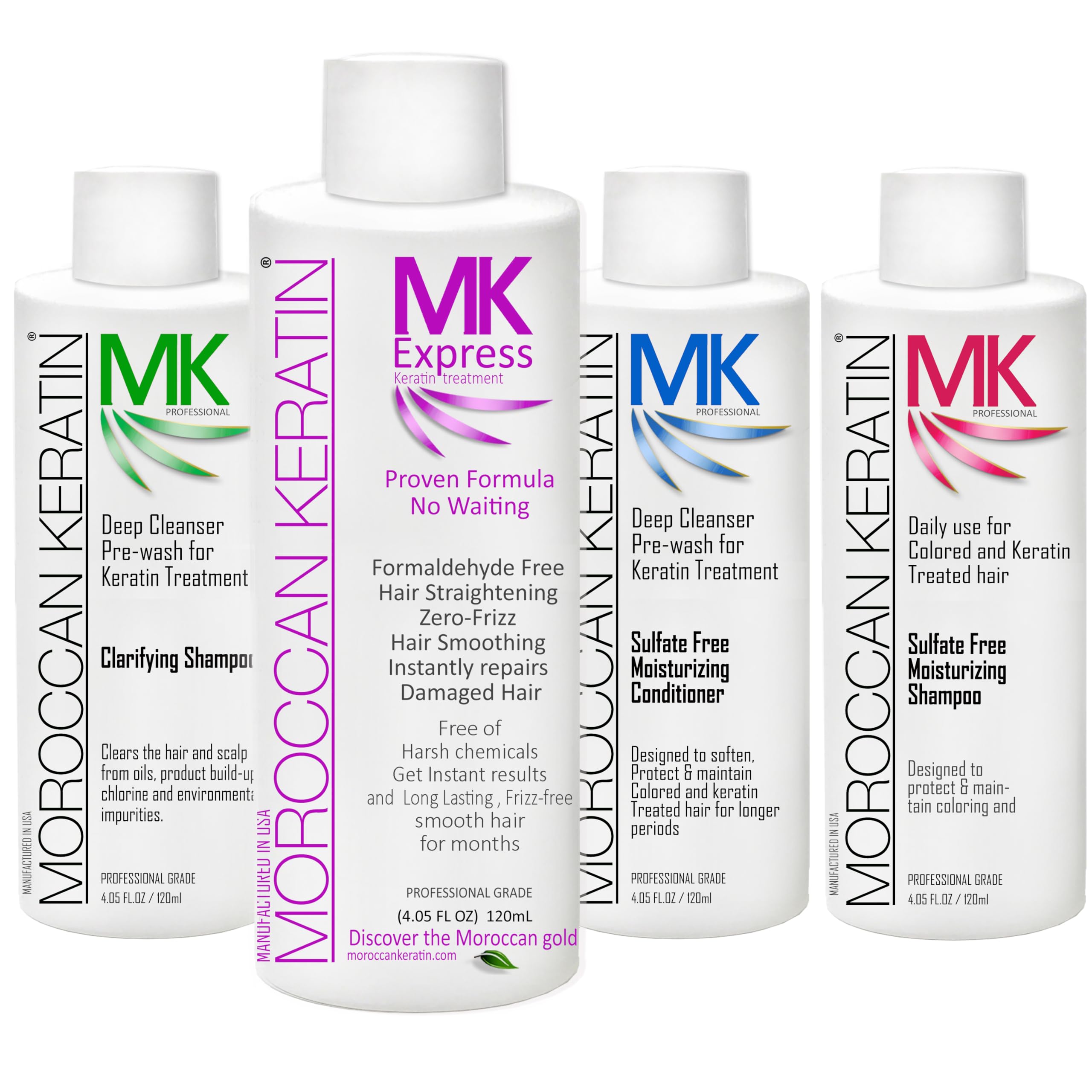 Moroccan Keratin Express Smoothing Straightening Hair Treatment Formaldehyde Free No-Wait Formula Instant Results 120mlx4 with Clarifying Shampoo, Sulfate-Free Shampoo and Conditioner
