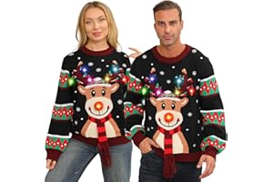 FWV Ugly Christmas Sweater Women Men,Light Up Christmas Sweater for Couples,Funny Cute Reindeer LED Xmas Tacky Sweaters
