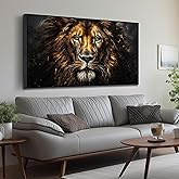 SKYRISE Lion Canvas Wall Art with Black Frame - Golden-Brown Lion with Blue Eyes Wildlife Wild Animal Picture Print Artwork - Ideal Teen Bedroom Home & Office Wall-Decor, Large Size 58x29 Inches