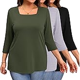 Ficerd 3 Pack Plus Size 3/4 Sleeve Tops for Women Square Neck Shirts Trendy Casual Loose Fit Basics Tees XL-5xl