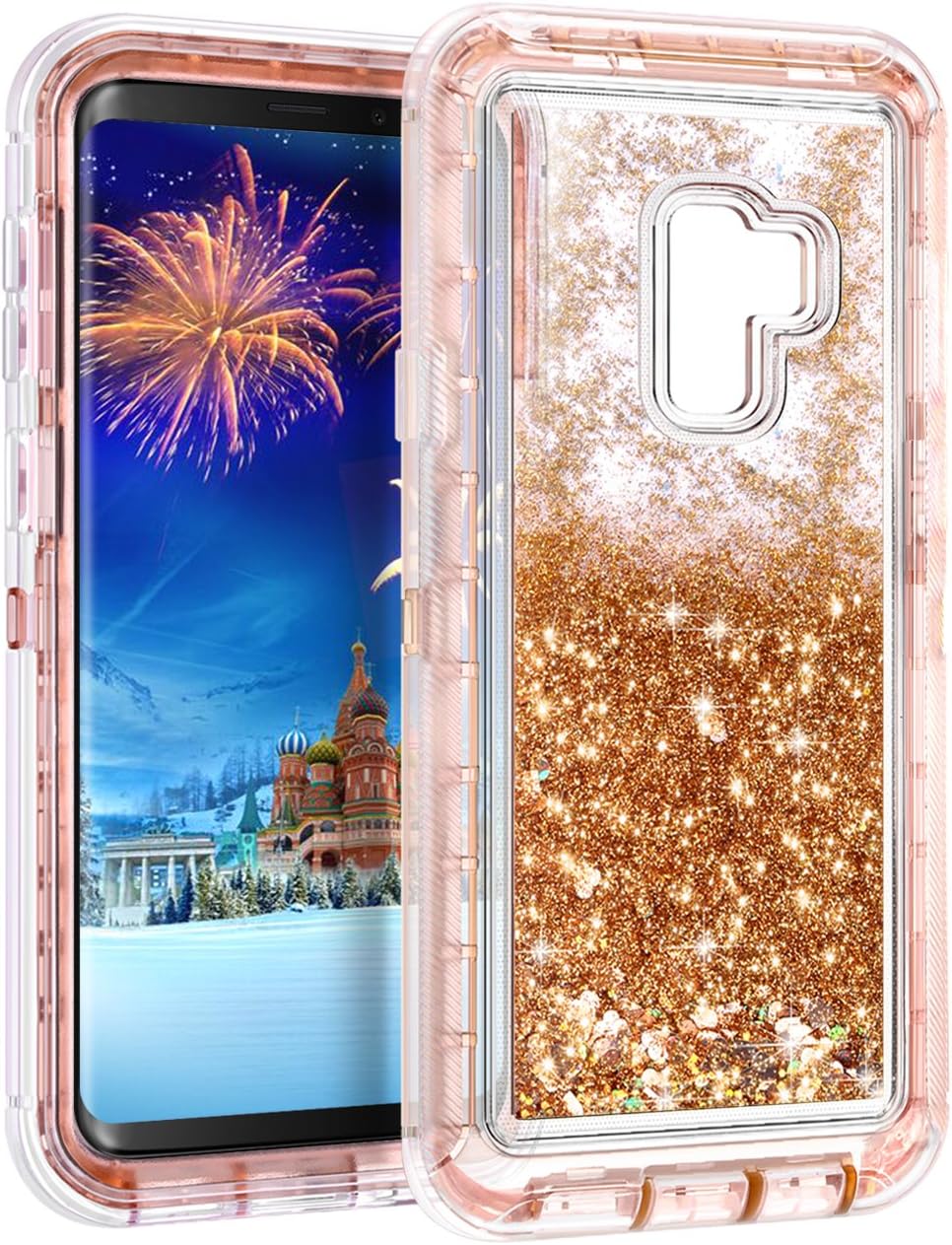Galaxy S9 Case,Wollony 360 Full Body Shockproof Liquid Glitter Quicksand Bling Case Heavy Duty Phone Bumper Non-Slip Soft Clear Rubber Protective Cover for Samsung Galaxy S9 - Rose Gold