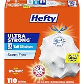 Hefty Ultra Strong 13 Gal Kitchen Trash Bags, White, Unscented, 110ct | Bulk Pack, 13G Tall White Trash Bags with Drawstrings for Kitchen, Resists Leaks, Punctures, Rips, Continuous Odor Control