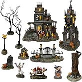 MOMENTS IN TIME Disney Halloween Village 12-Piece LED Musical Set with Cartoon Characters Handcrafted Battery Operated, Timer Feature Lighted Haunted Houses &amp; Figurines