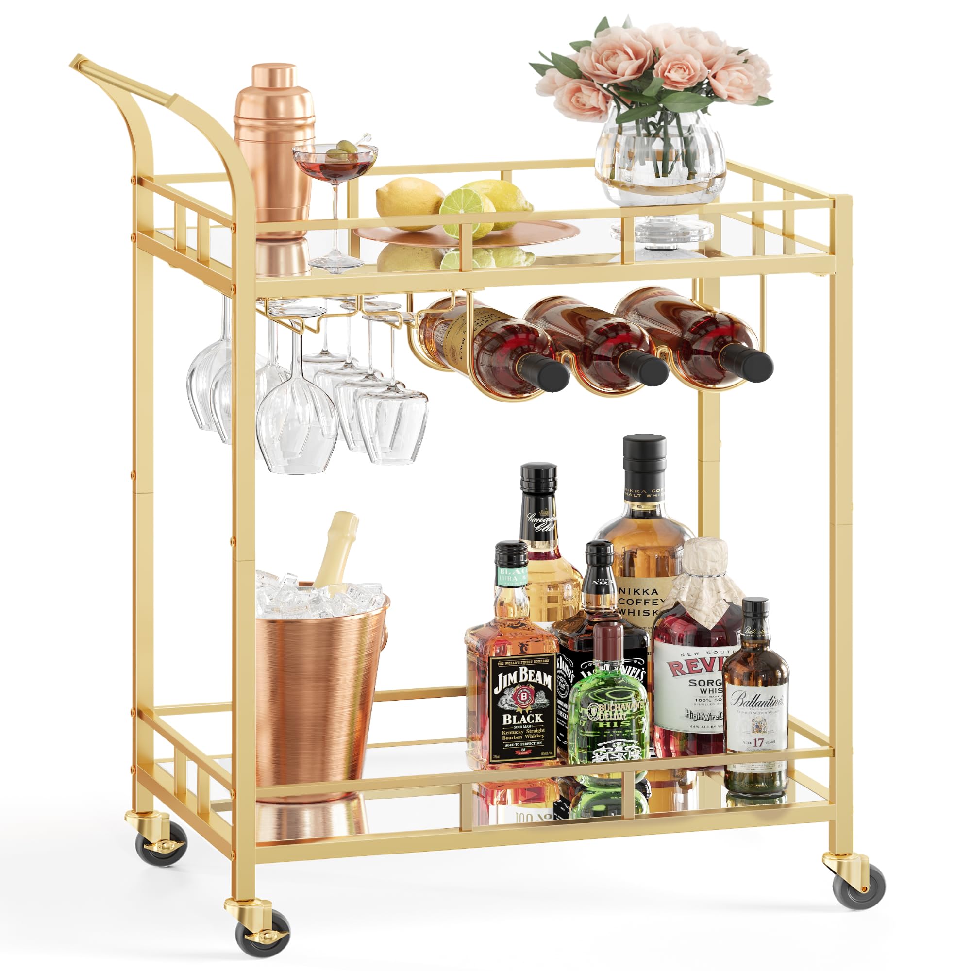 VASAGLE Bar Cart Gold, Home Bar Serving Cart, Wine Cart with 2 Mirrored Shelves, Wine Holders, Glass Holders, for Kitchen, Dining Room, Gold ULRC092A62 Image